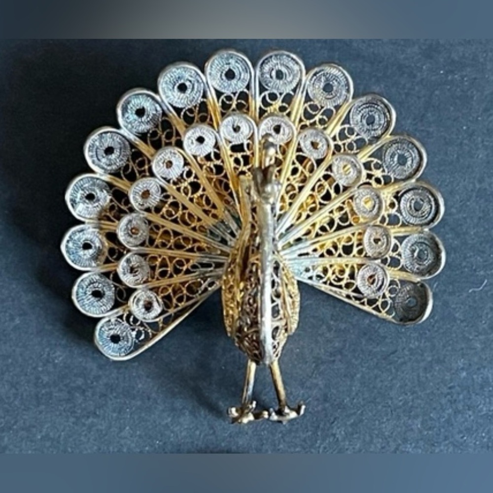 Elegant Handmade Gold and Silver Peacock Brooch